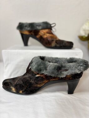 Velvet Burnout Fur Trim Booties EU 39 Dark Romantic Victorian Boho Kitten Heel